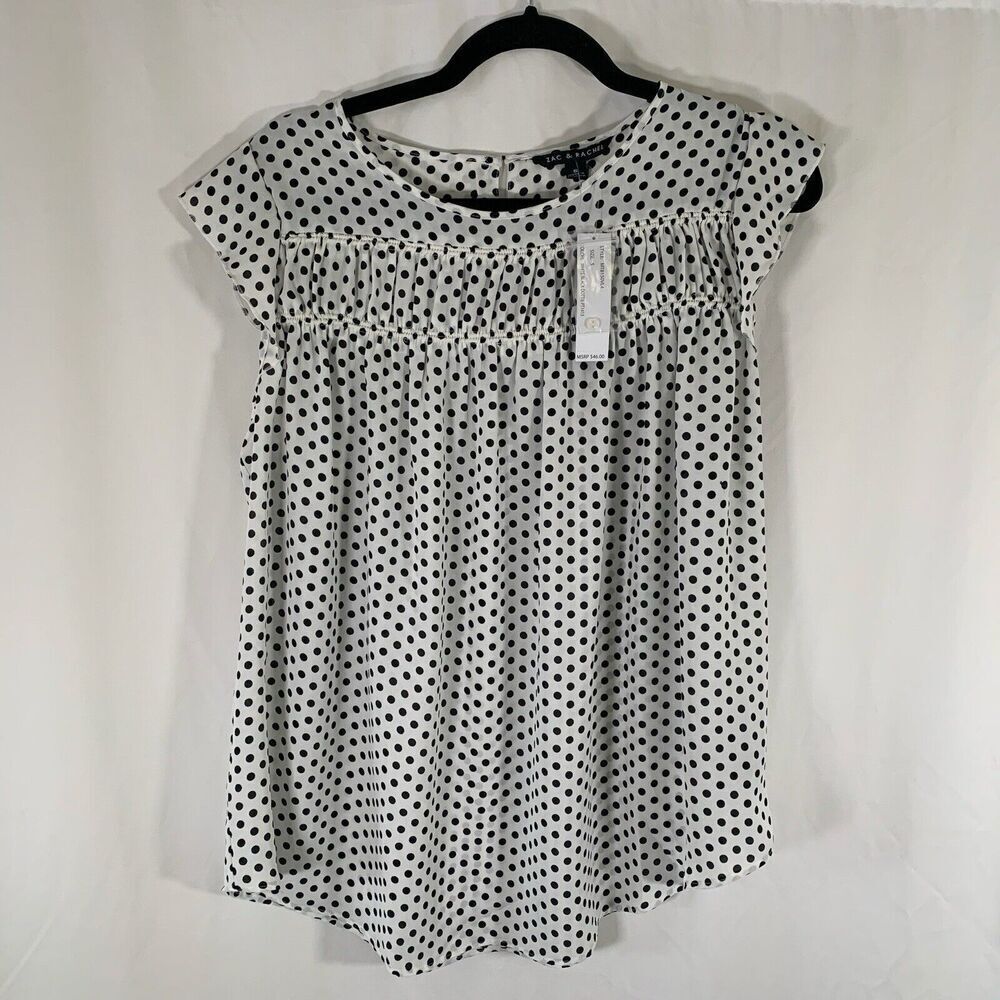 New Zac & Rachel Blouse Women's Small White Black Polka Dot Short Sleeve Dottie